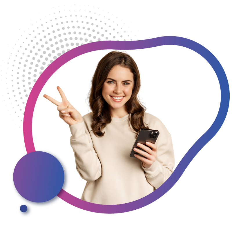 Woman showing peace sign with smartphone activation success