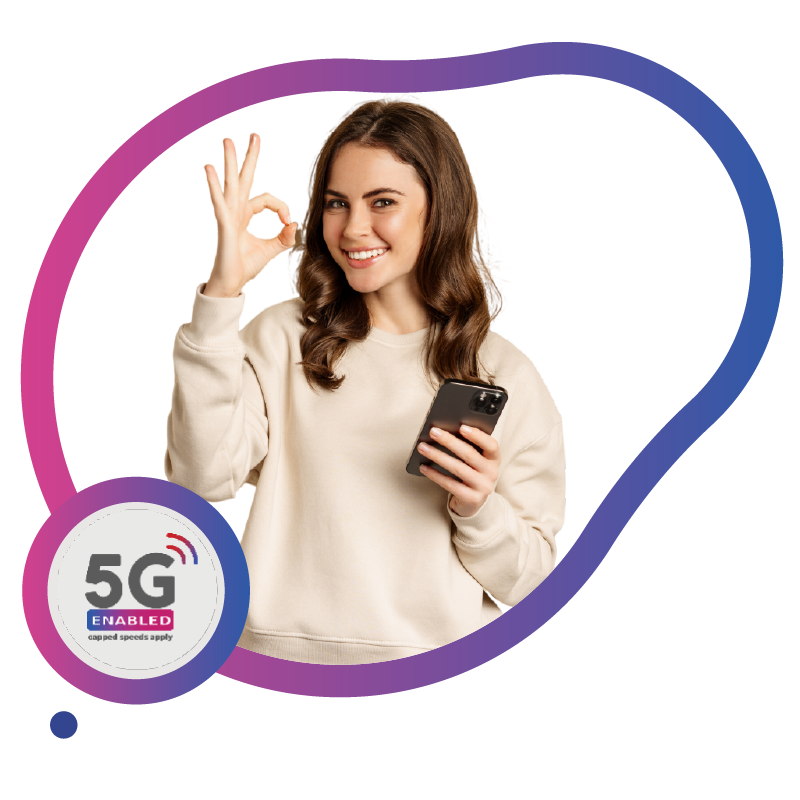 Woman with smartphone showing 5G network connectivity