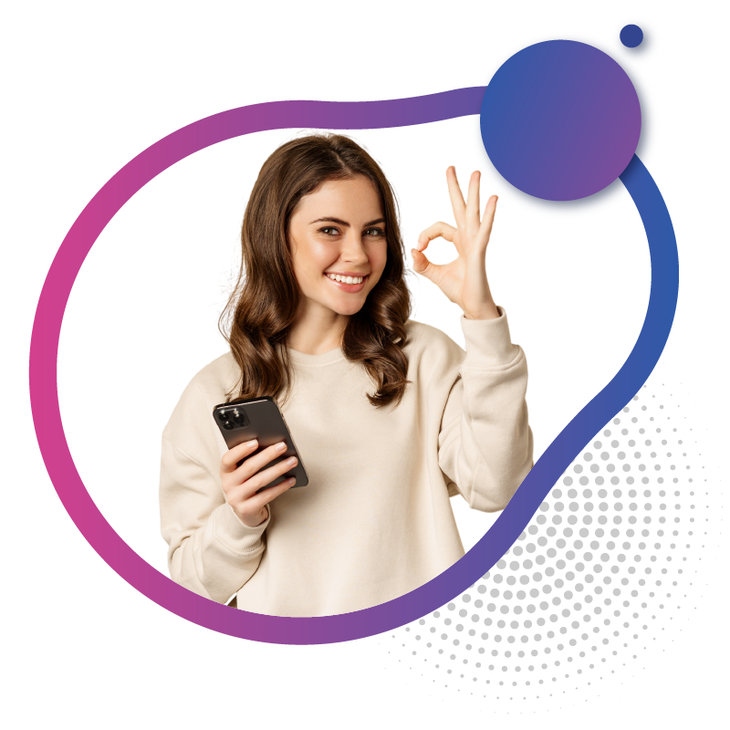 Smiling woman holding a smartphone for a successful mobile setup.
